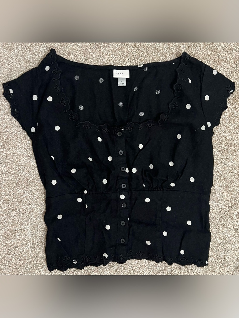 a new day Black Polka Dot Linen Top Size Small